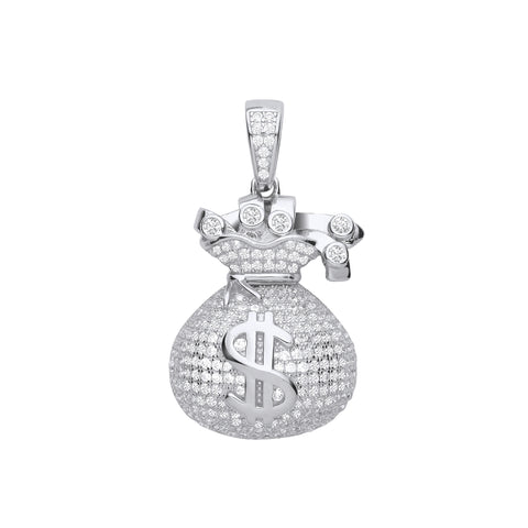 925 Sterling Silver $ Money Bag CZ Pendant with Chain