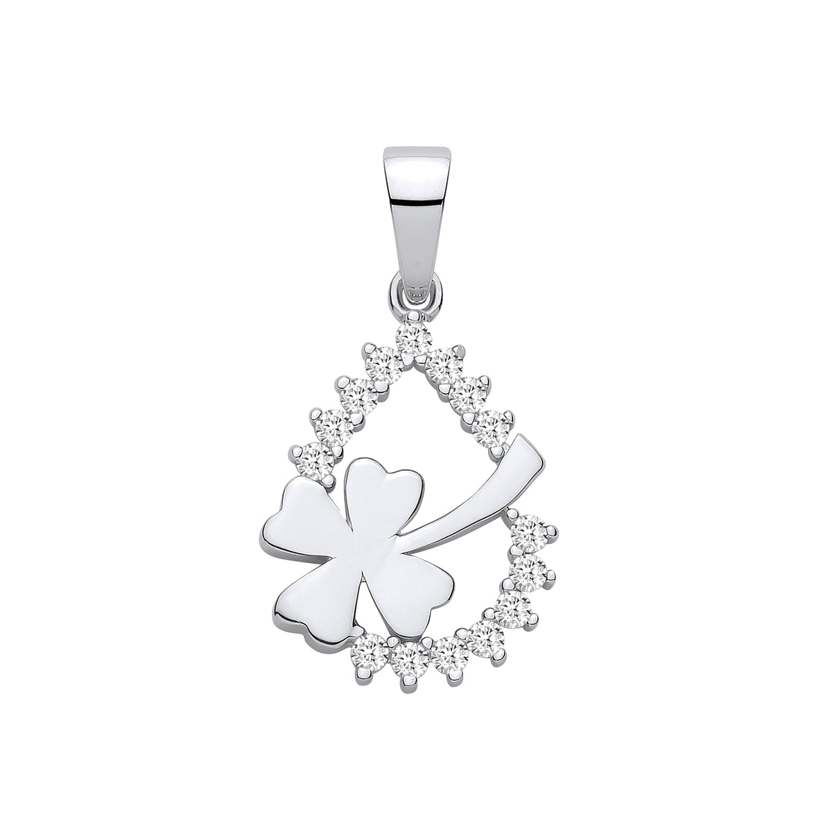 925 Sterling Silver Teardrop Lucky Four-Leaf Clover Cubic Zirconia Pendant With Chain