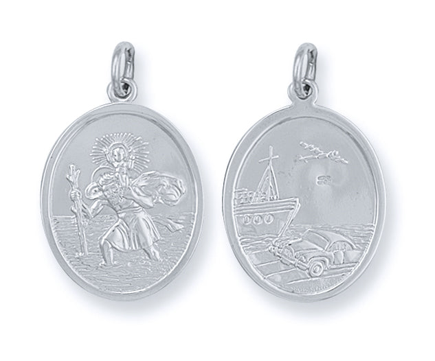925 Sterling Silver Double Sided Oval St Christopher Pendant with Chain