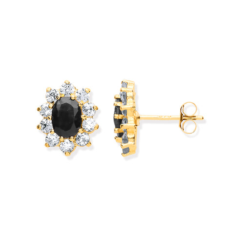 9ct Yellow Gold Black Sapphire & Cubic Zirconia Cluster Stud Earrings