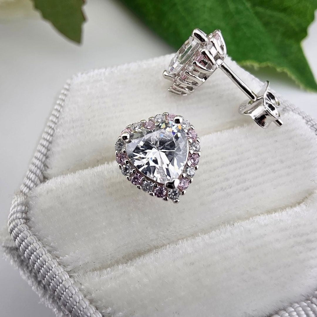 925 Sterling Silver Heart CZ Pink & White Halo Stud Earrings