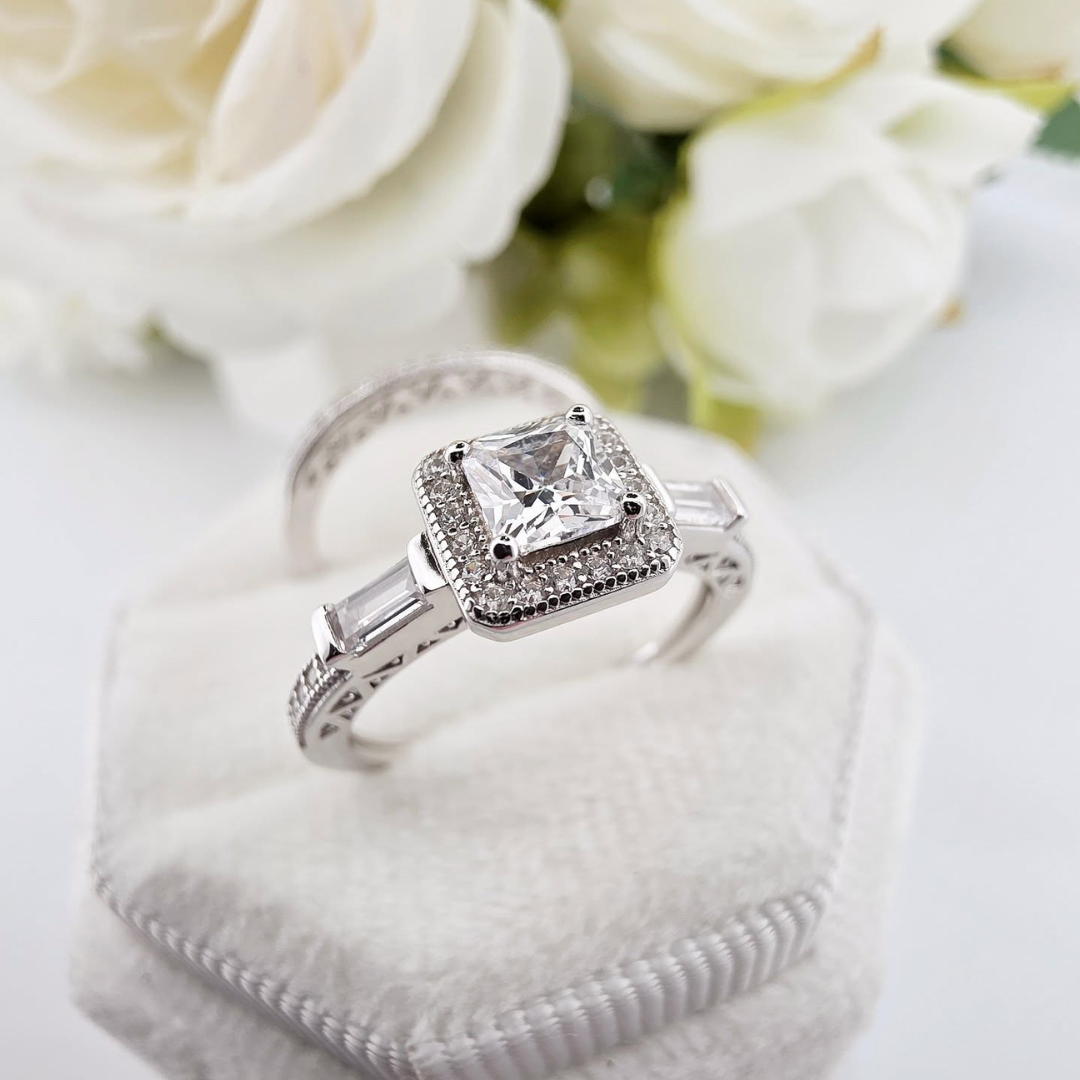 925 Sterling Silver Princess Cut & Baguette CZs Half Eternity Ring Set