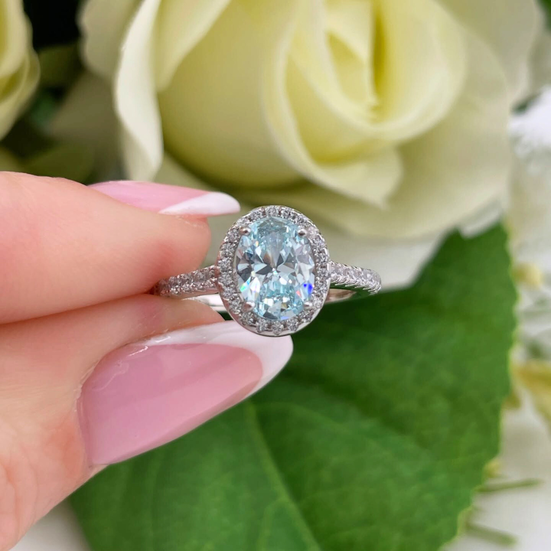925 Sterling Silver Aquamarine Cz Oval Halo Ring