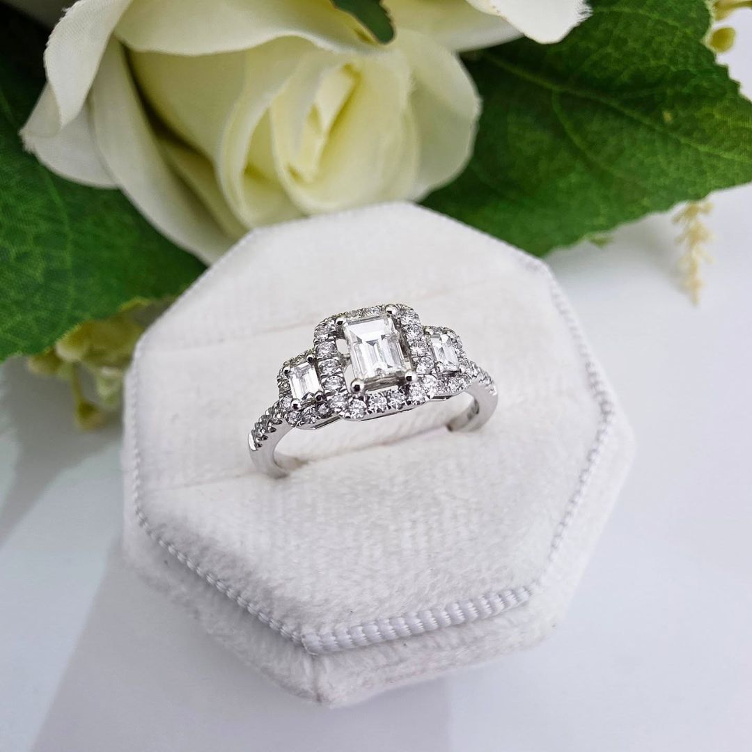 18ct White Gold Emerald Cut 0.75ct Halo style Trilogy Ring