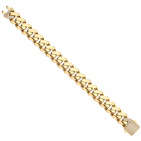 9ct Yellow Gold 15mm Cubic Zirconia Curb Link Gents Hollow Bracelet