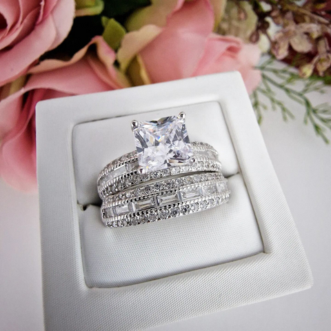 925 Sterling Silver Princess Cut Cz Ring Set with Round & Baguette Cut Cz Eternity Band