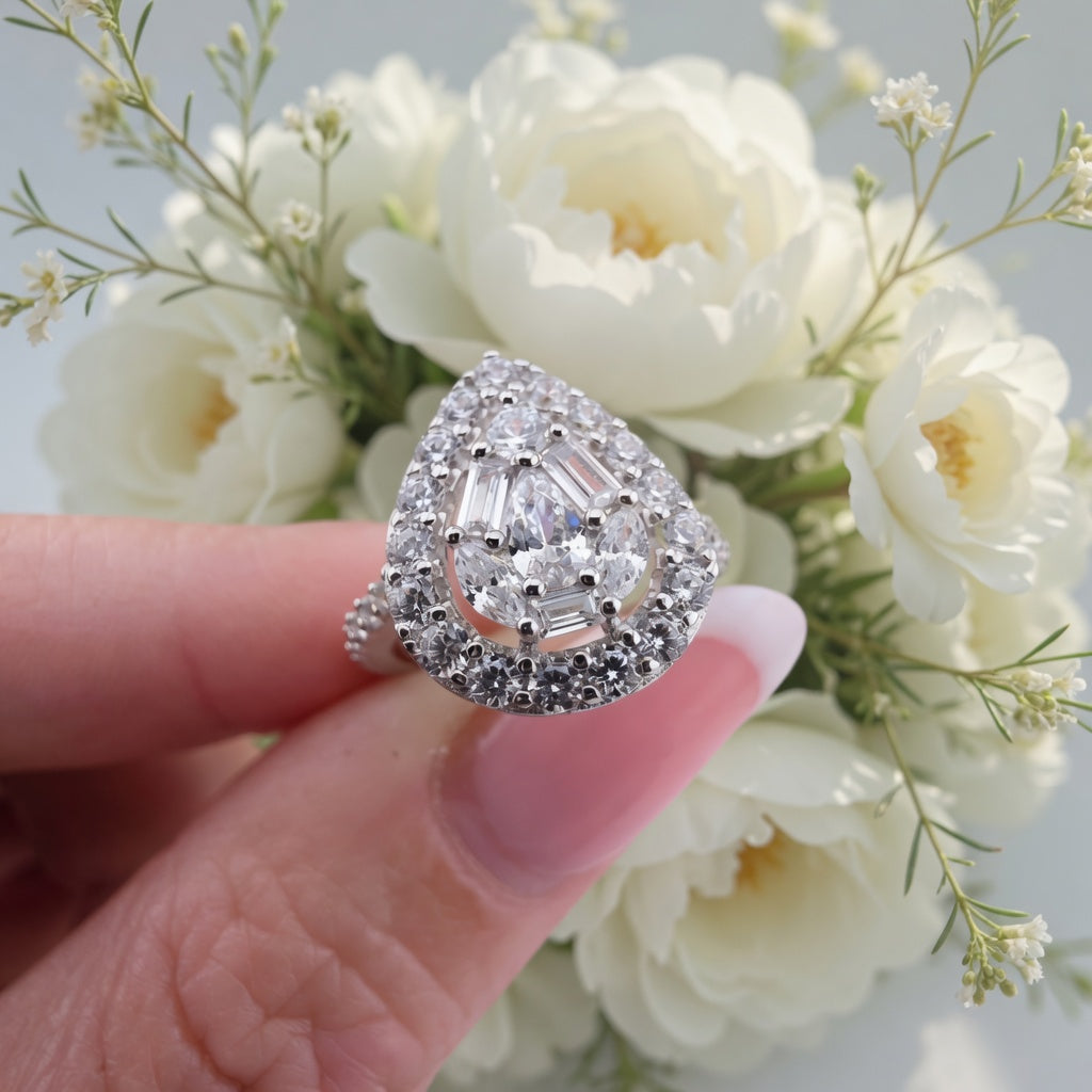 925 Sterling Silver Radiant Pear Shaped Round & Baguette CZ Cluster Ring