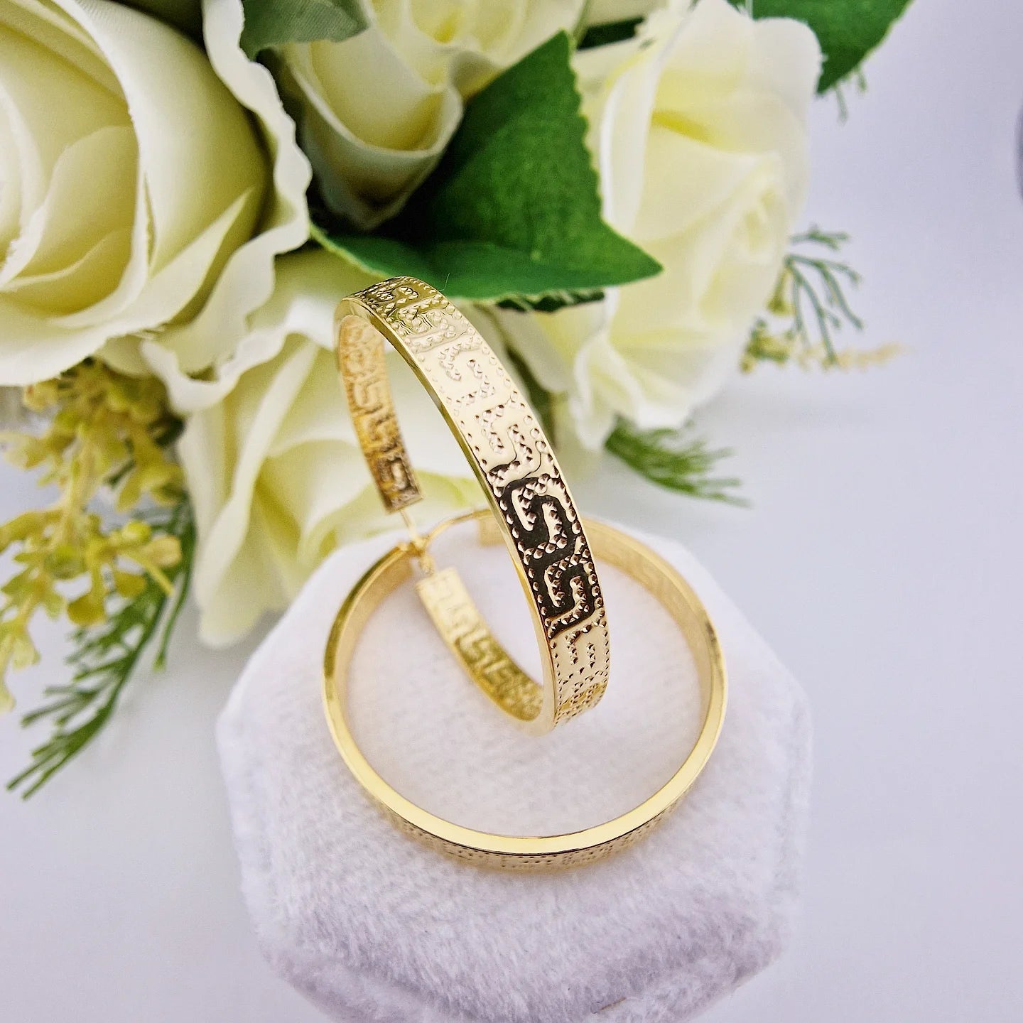 9ct Yellow Gold Greek Key 35mm Hoop Earrings
