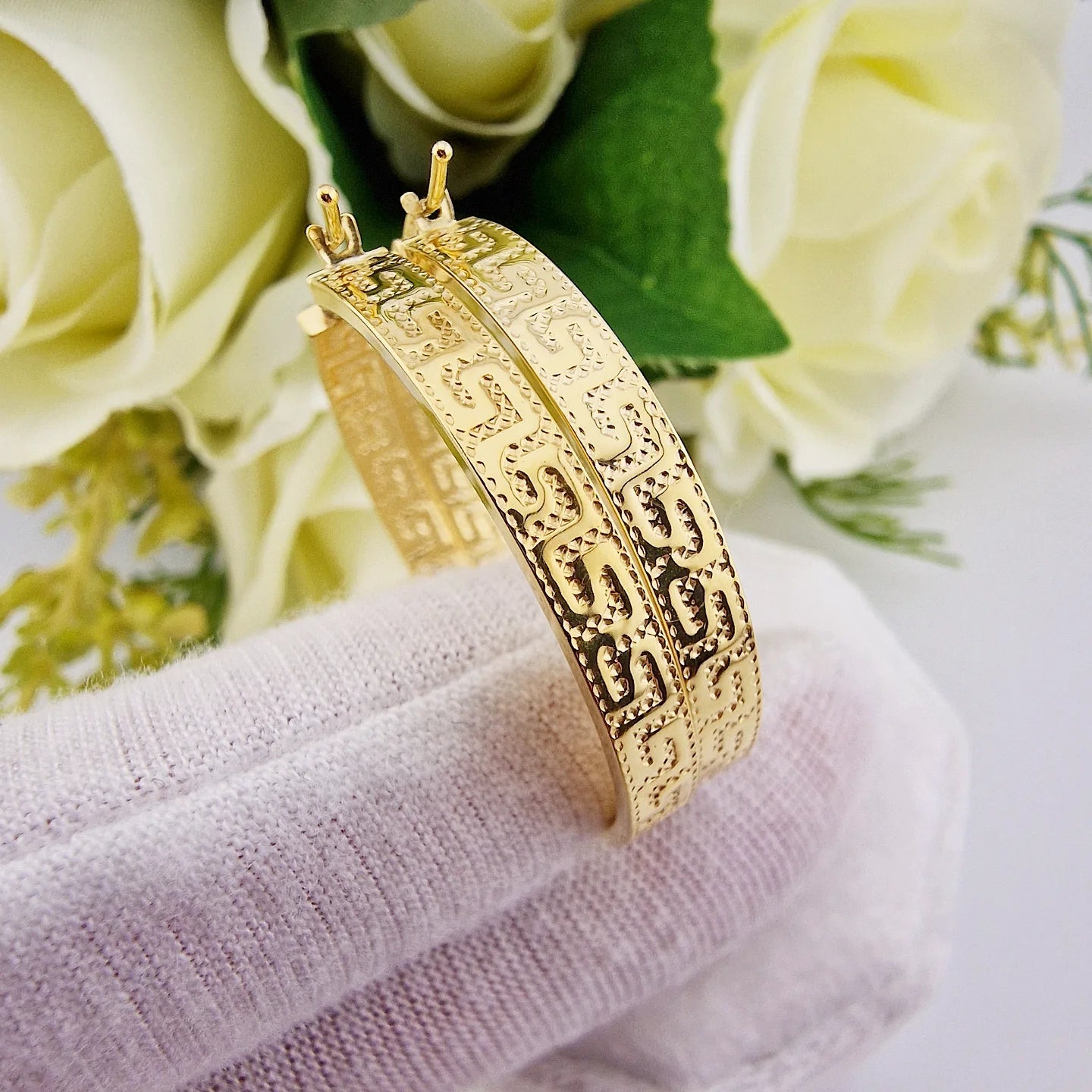 9ct Yellow Gold Greek Key 35mm Hoop Earrings