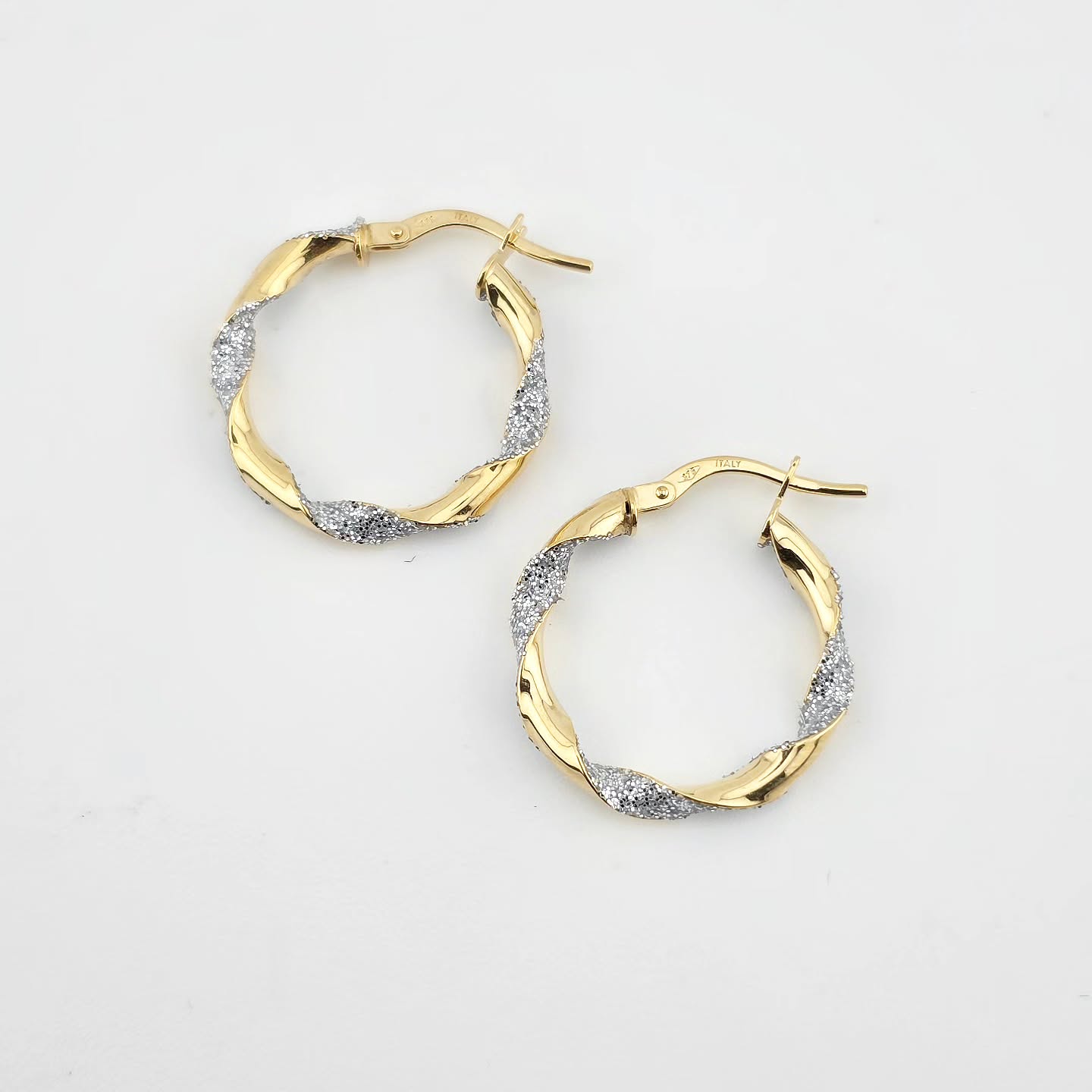 9ct Yellow & White Gold Glitter Finish Twisted Small Hoop Earrings