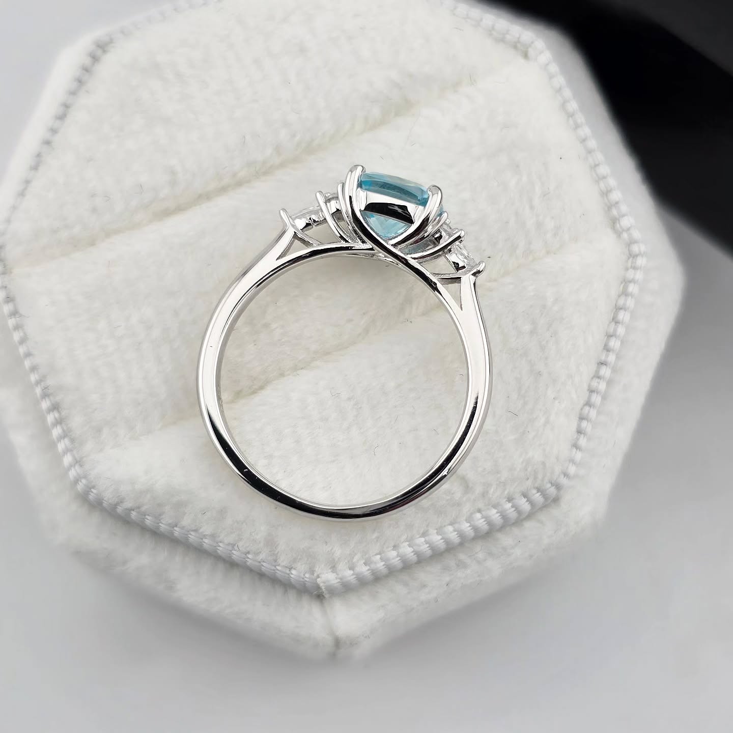 925 Sterling Silver Aqua Cushion Cut Cz Ring with Tapered Round & Marquise Accents