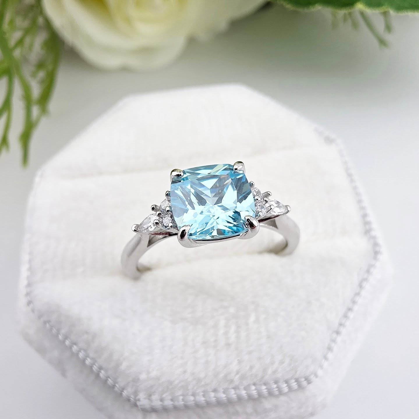 925 Sterling Silver Aqua Cushion Cut Cz Ring with Tapered Round & Marquise Accents