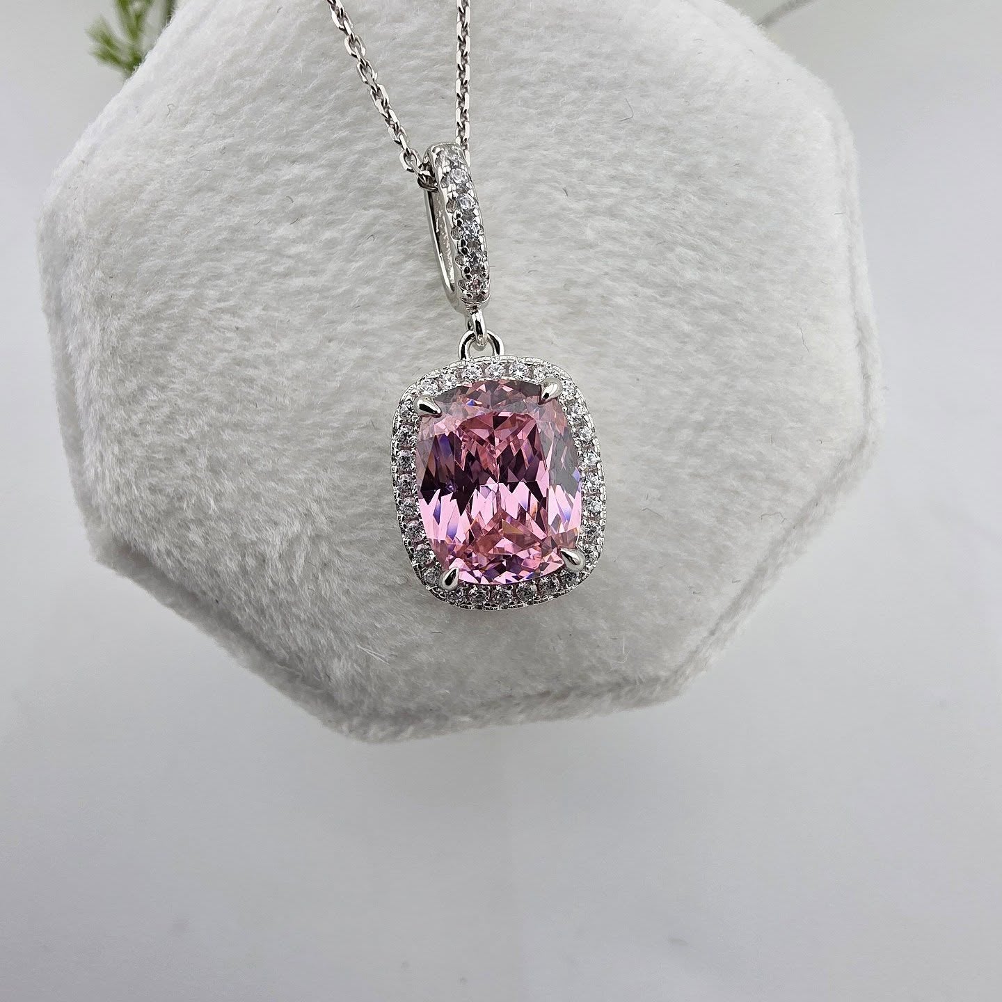 925 Sterling Silver Pink Cushion Cut CZ Pendant with Chain