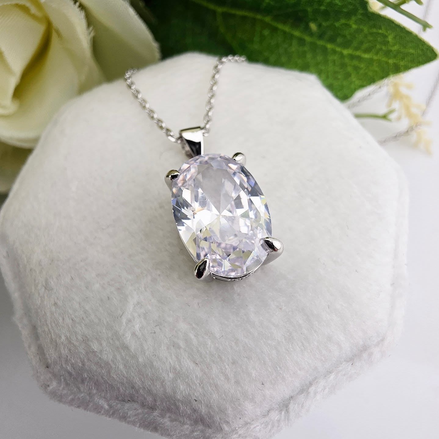 925 Sterling Silver Large Oval Cut Cz Pendant with Chain