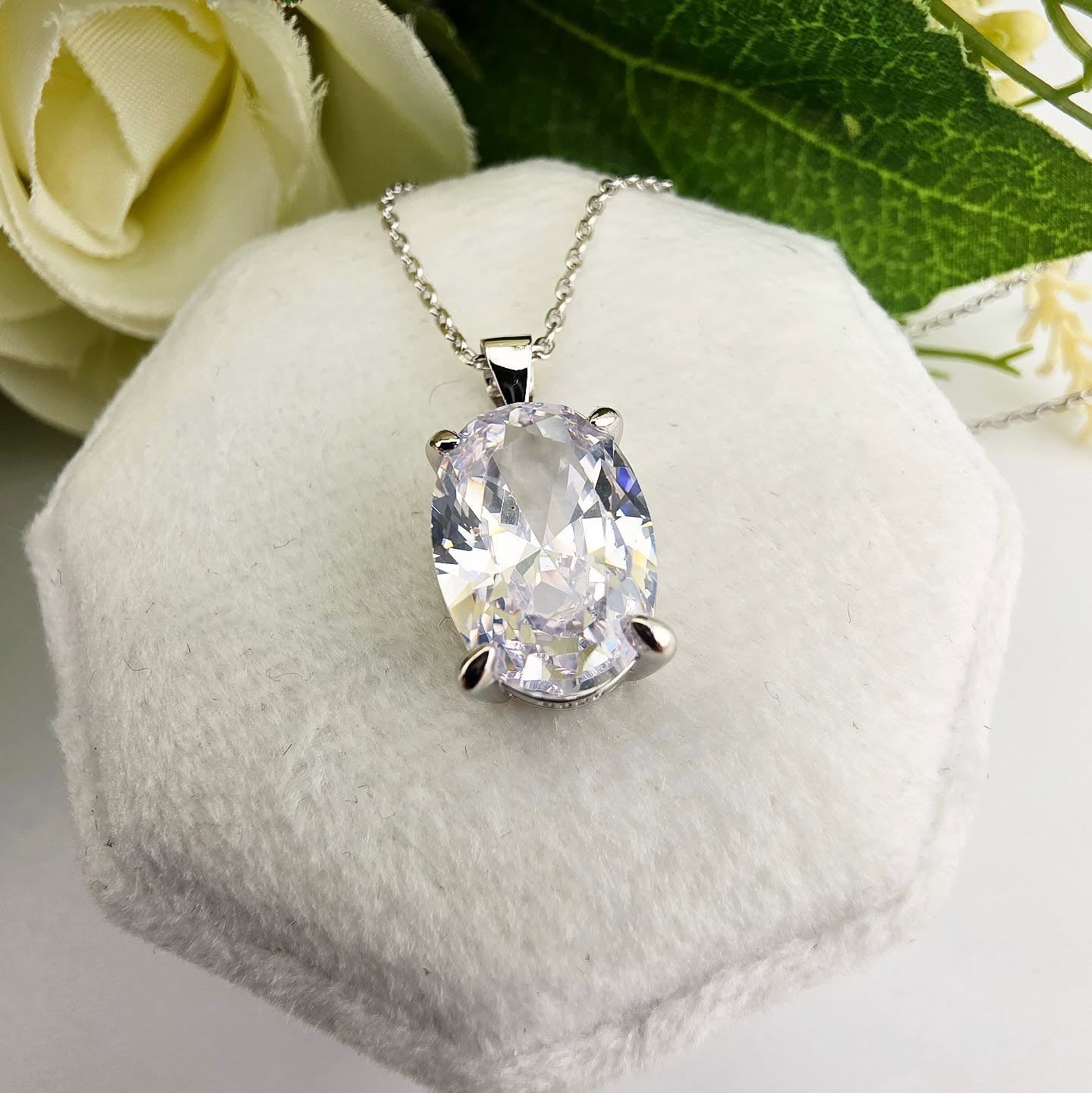 925 Sterling Silver Large Oval Cut Cz Pendant with Chain
