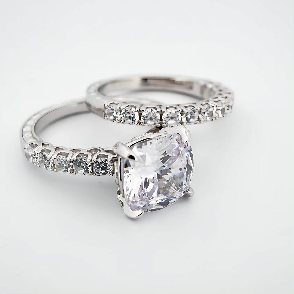 925 Sterling Silver Large Cushion Set Vintage Ring Set