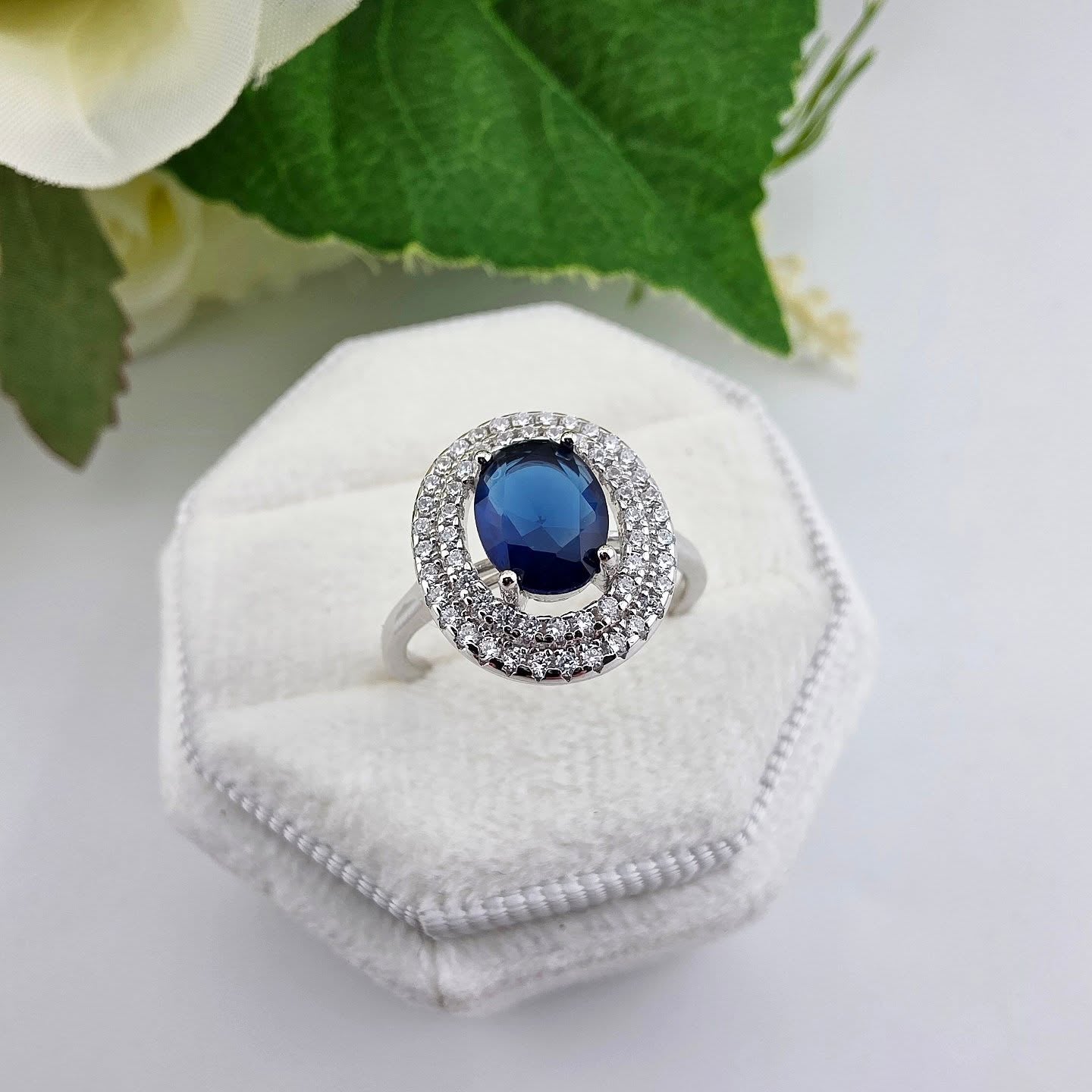925 Sterling Silver Oval Blue Sapphire Cz Double Halo Ladies Ring