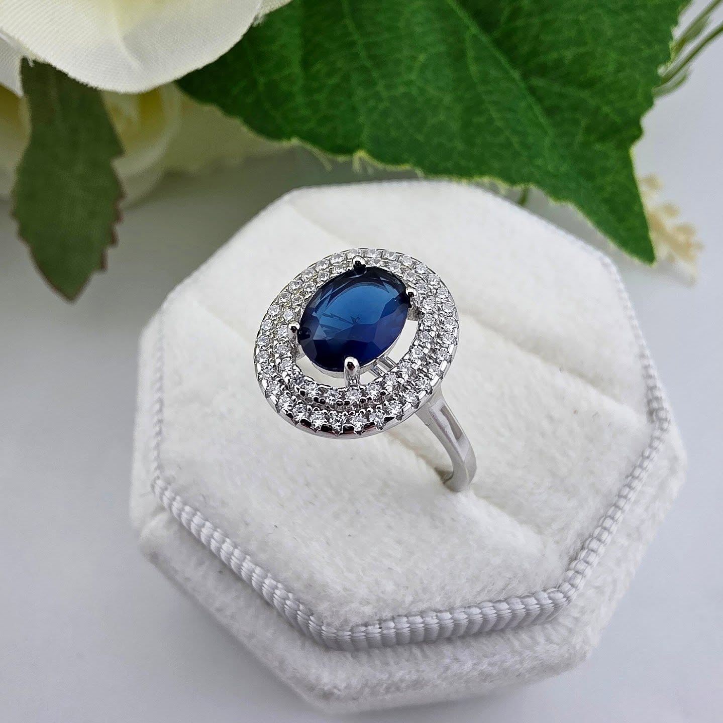 925 Sterling Silver Oval Blue Sapphire Cz Double Halo Ladies Ring