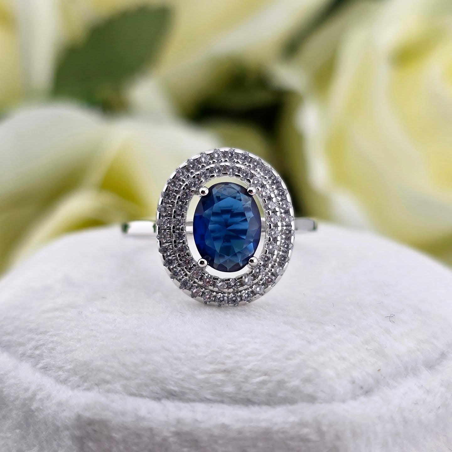 925 Sterling Silver Oval Blue Sapphire Cz Double Halo Ladies Ring