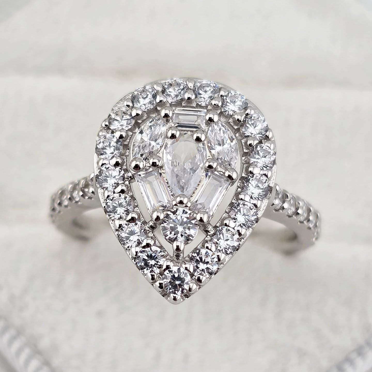 925 Sterling Silver Radiant Pear Shaped Round & Baguette CZ Cluster Ring