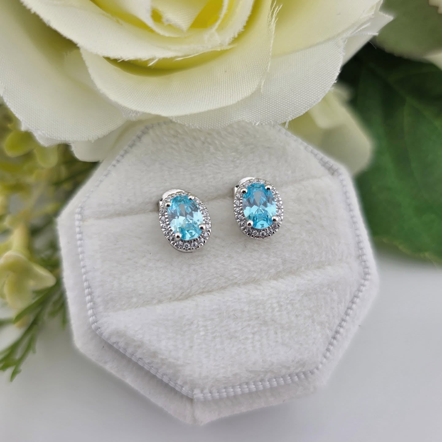 925 Sterling Silver Aqua Cz Oval Halo Stud Earrings