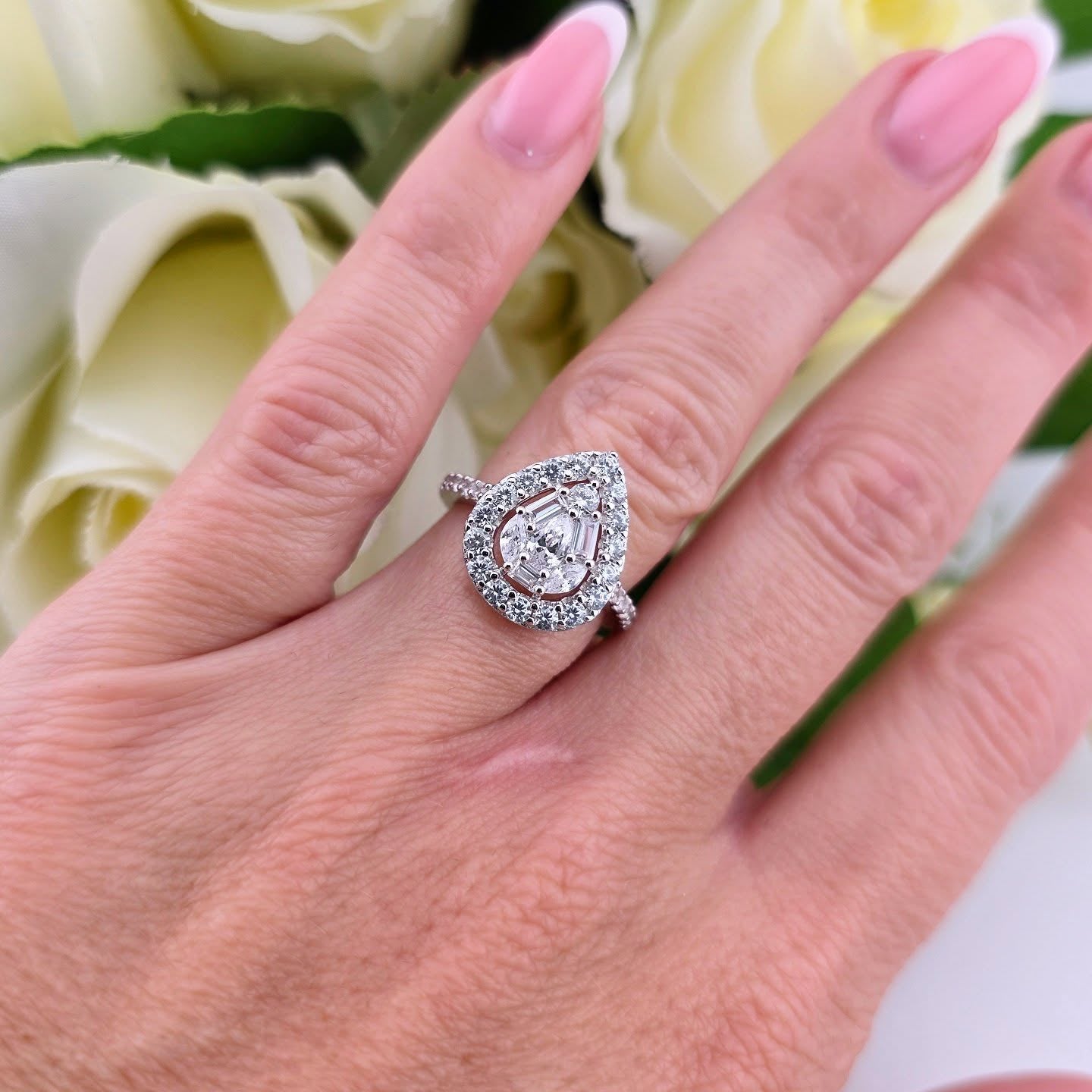 925 Sterling Silver Radiant Pear Shaped Round & Baguette CZ Cluster Ring