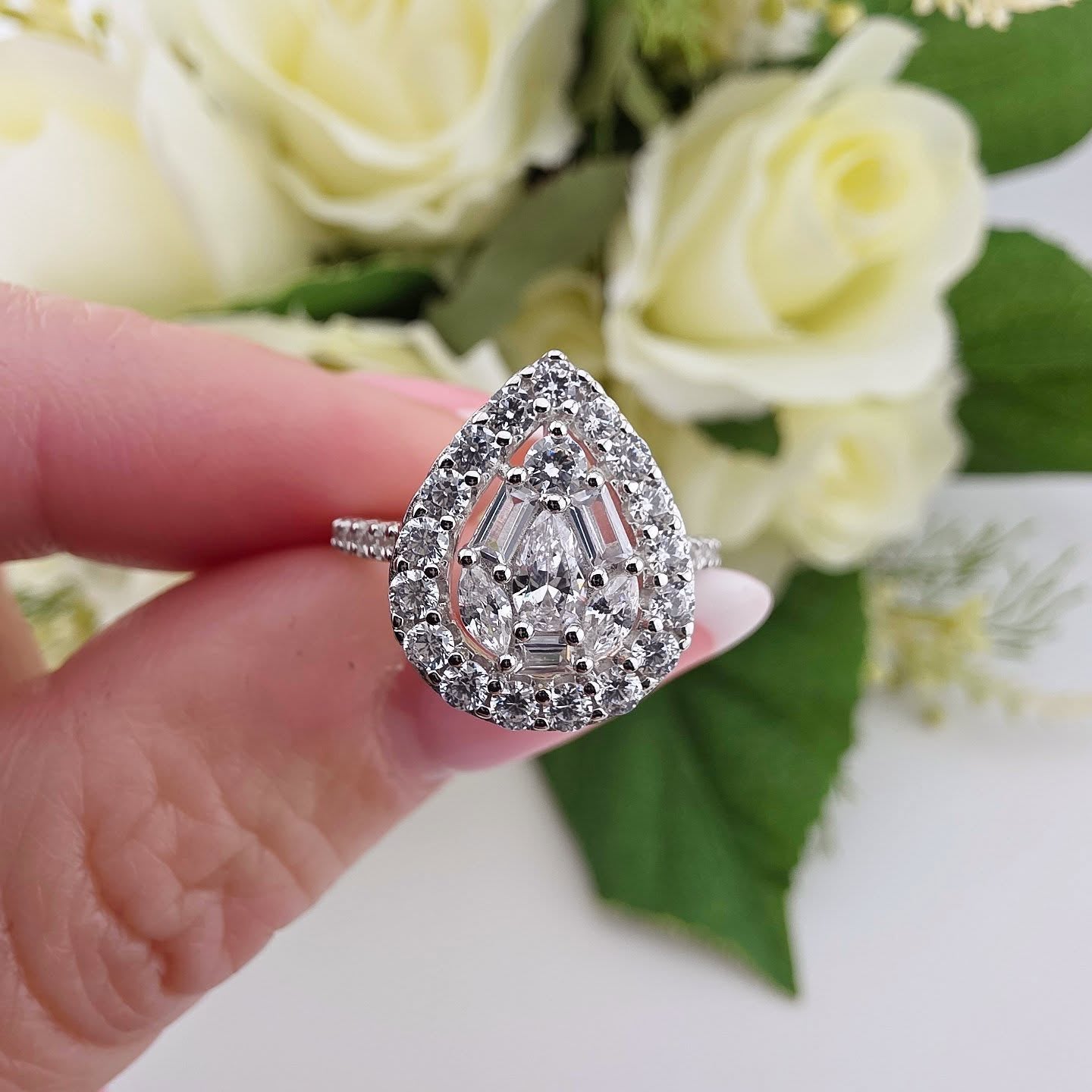 925 Sterling Silver Radiant Pear Shaped Round & Baguette CZ Cluster Ring