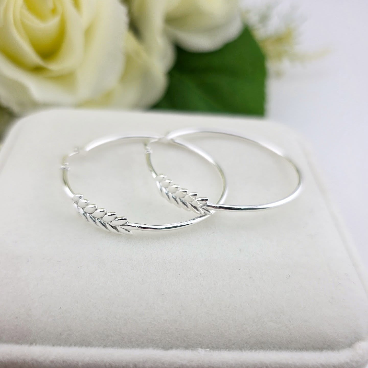 925 Sterling Silver Barley Leaf Hoop Earrings