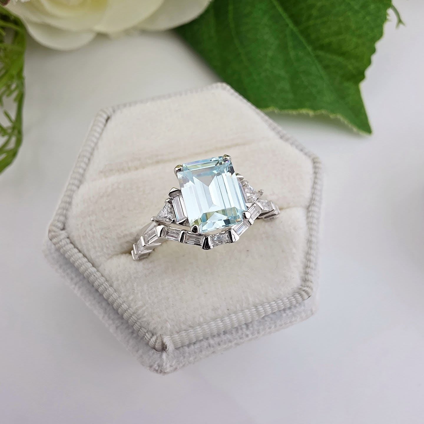 925 Sterling Silver Aquamarine & Baguette CZ Matching Ring Set