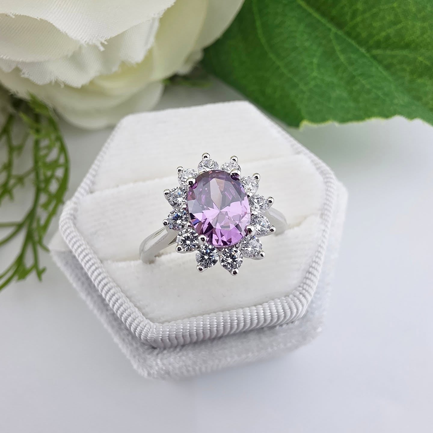 925 Sterling Silver Oval Amethyst & Clear CZ Halo Ring