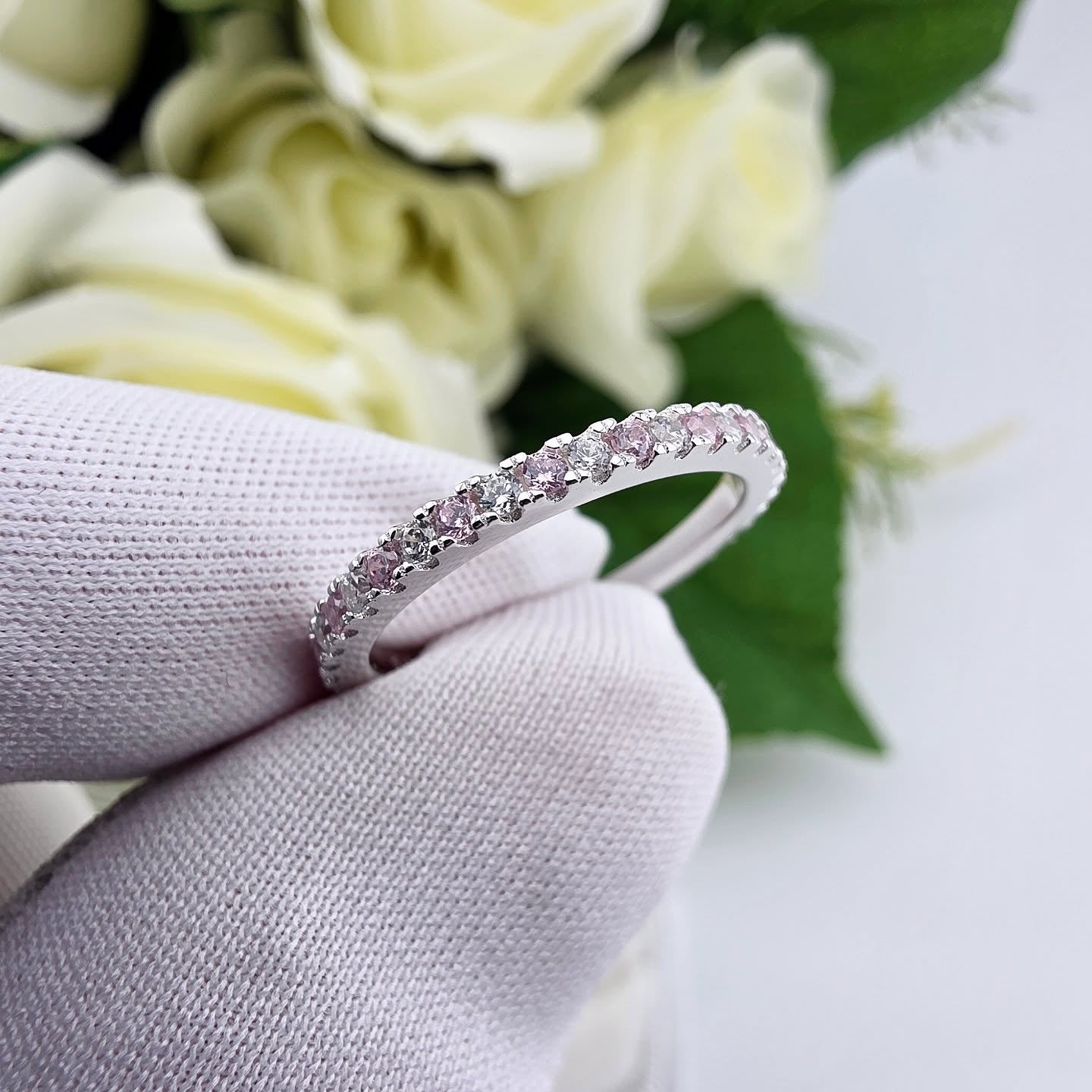 925 Sterling Silver Pink & White Cz Full Eternity Ring