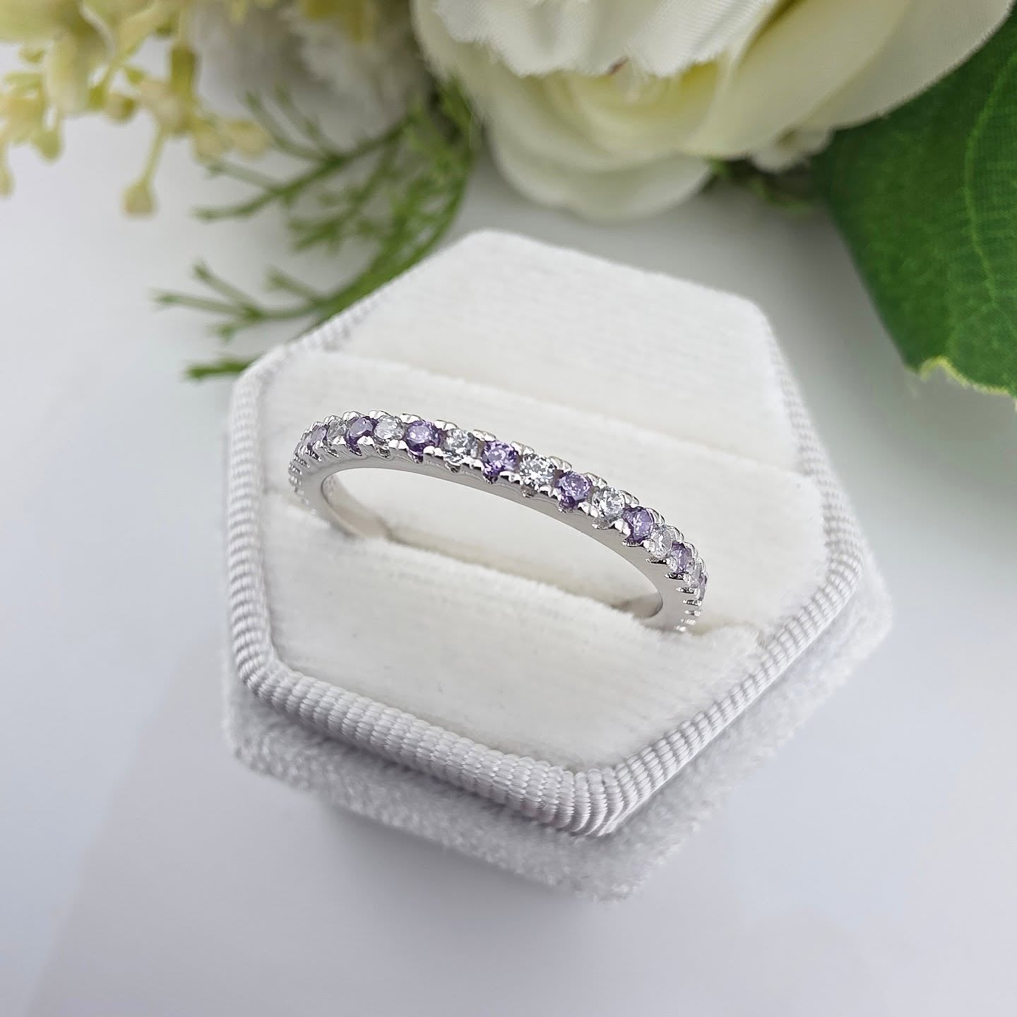 925 Sterling Silver Amethyst & White Cz Full Eternity Ring