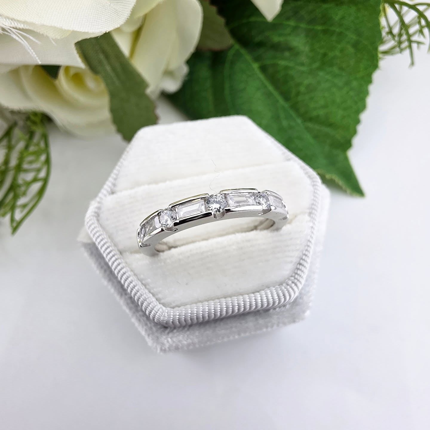 925 Sterling Silver Baguette & Round CZ Half Eternity Ring