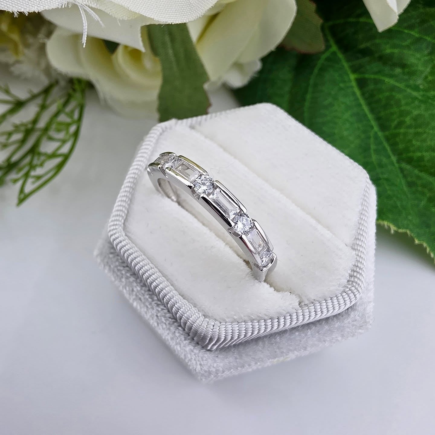 925 Sterling Silver Baguette & Round CZ Half Eternity Ring