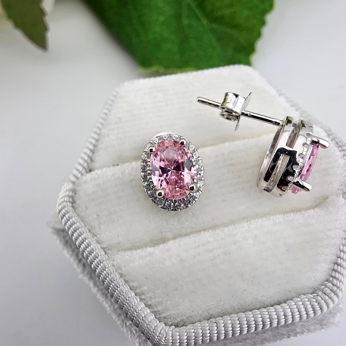 925 Sterling Silver Pink Cz Oval Halo Stud Earrings