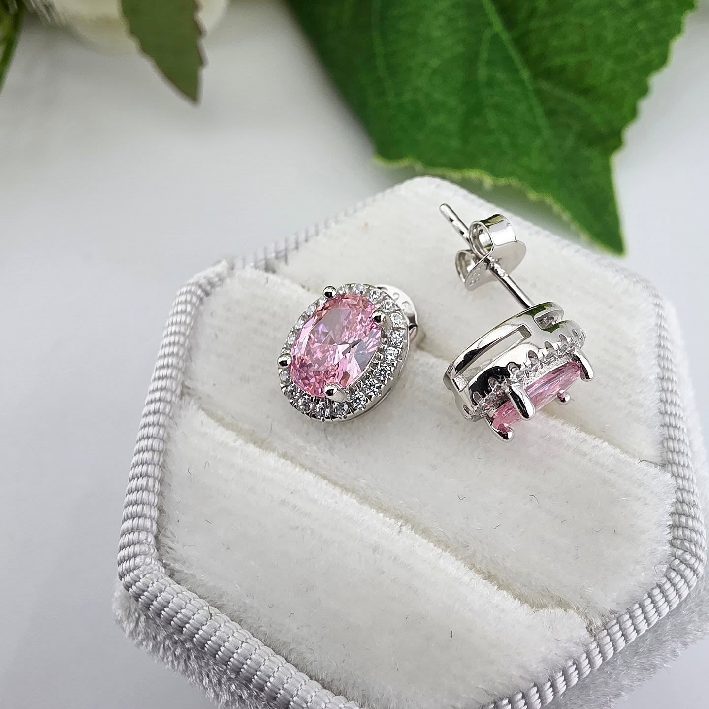 925 Sterling Silver Pink Cz Oval Halo Stud Earrings