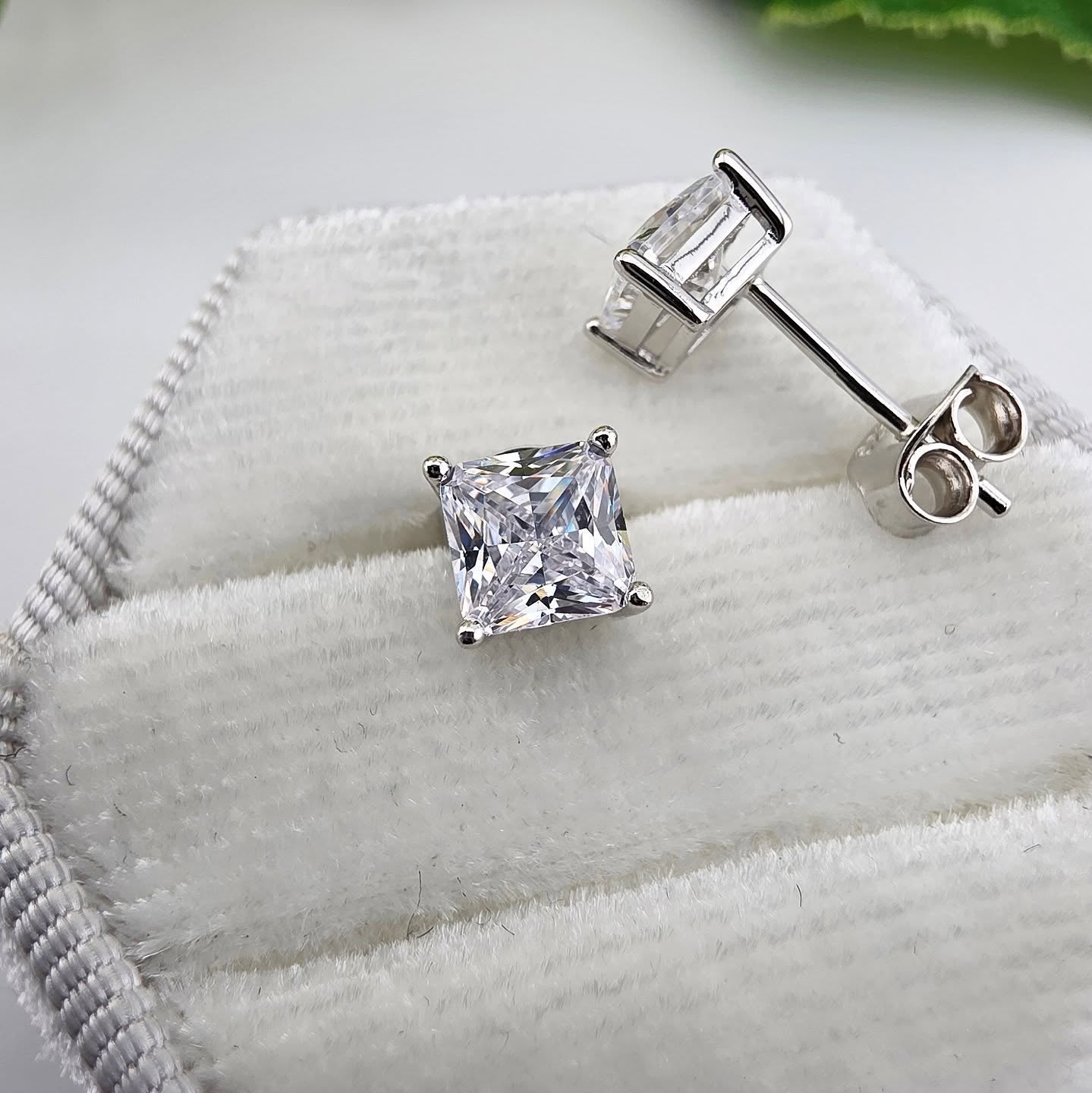 925 Sterling Silver Princess Cut CZ Stud Earrings