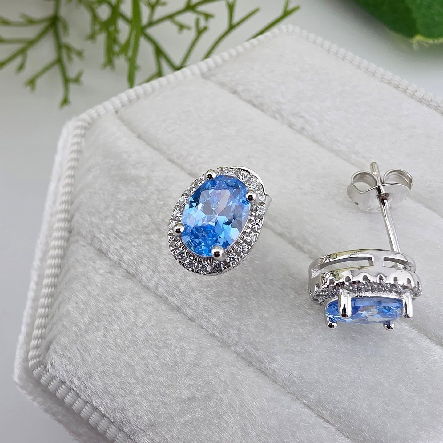 925 Sterling Silver Oval Blue Topaz Colour CZ Halo Stud Earrings