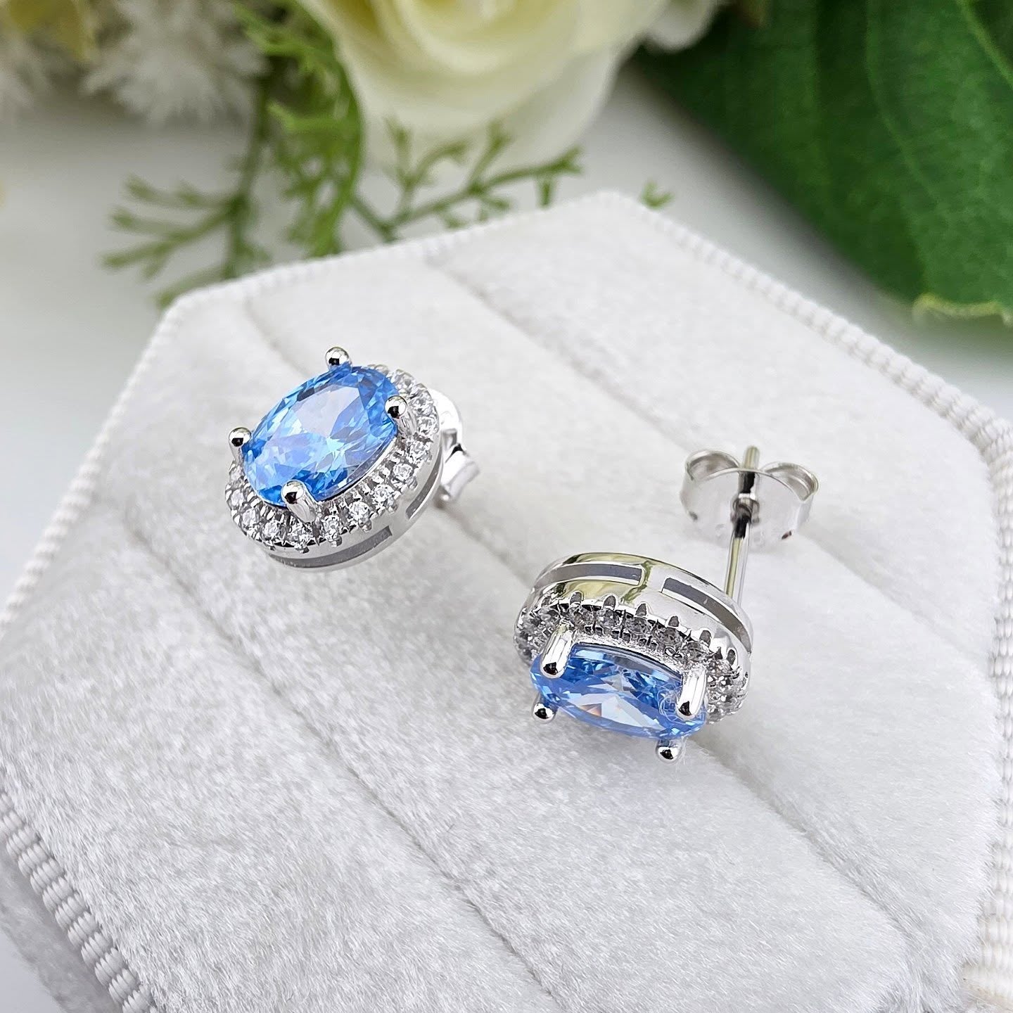 925 Sterling Silver Oval Blue Topaz Colour CZ Halo Stud Earrings