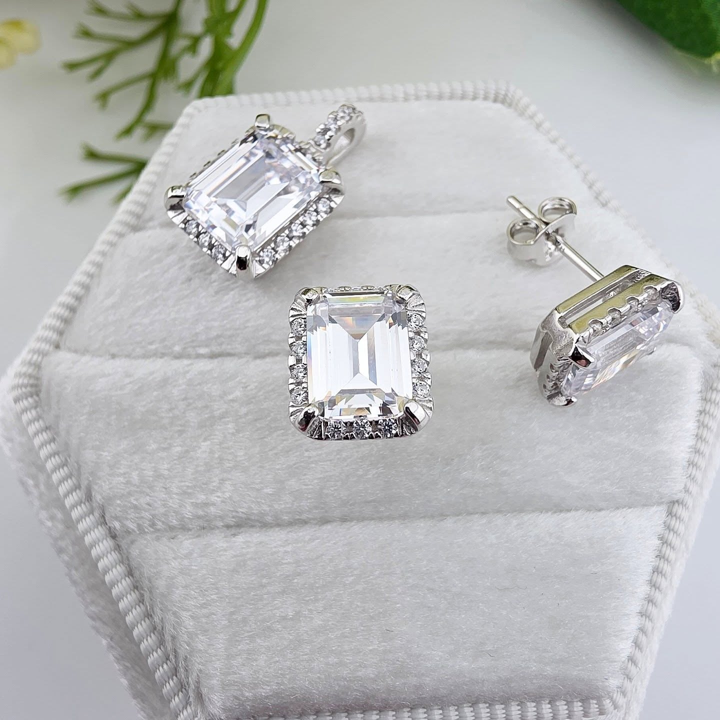 925 Sterling Silver Emerald Cut Halo Pendant & Stud Earring Set with 18" Chain