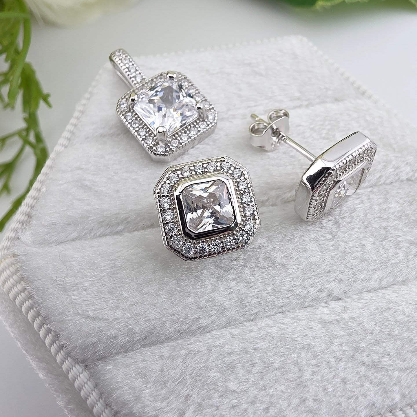 925 Sterling Silver Square Halo Pendant & Stud Earring Set with 18" Chain