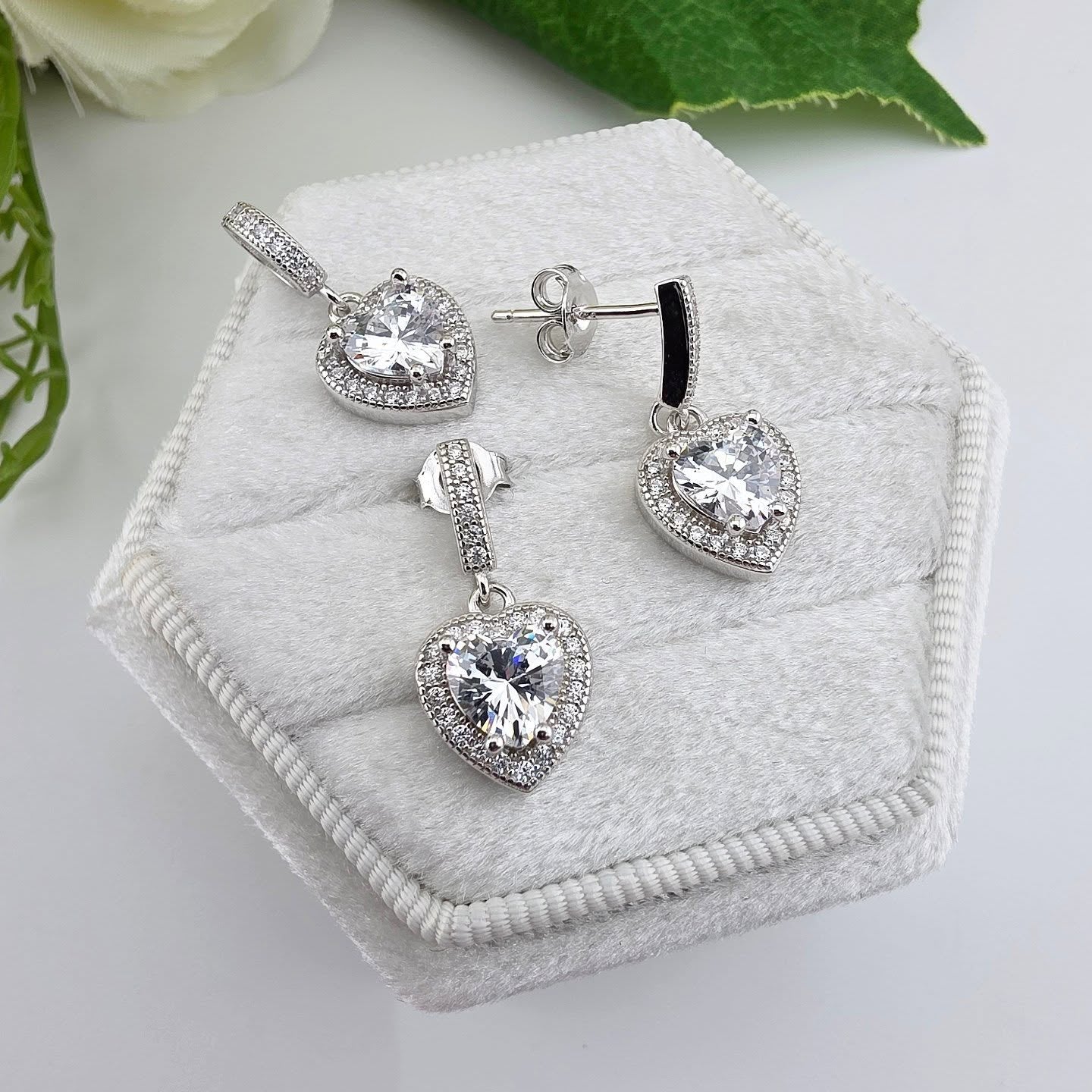 925 Sterling Silver Heart Halo Earrings & Pendant Set with 18" Chain