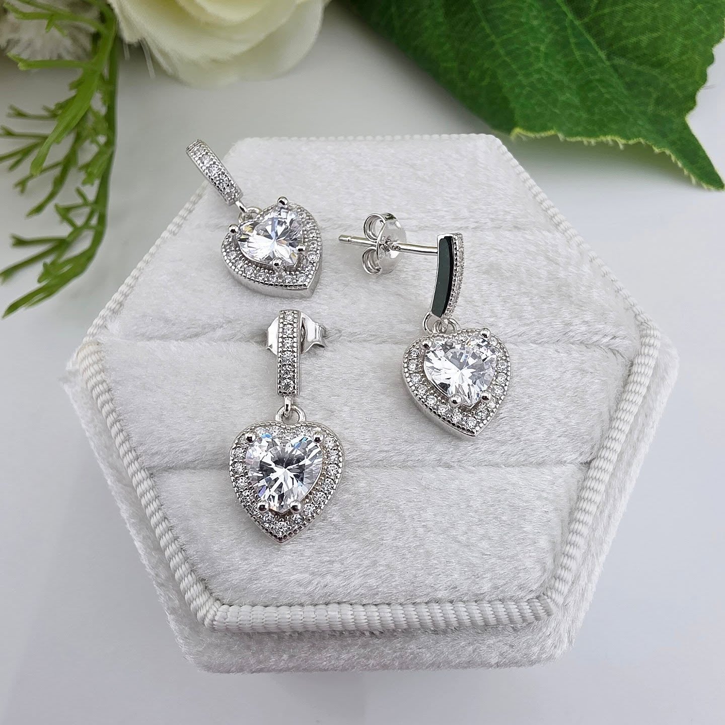 925 Sterling Silver Heart Halo Earrings & Pendant Set with 18" Chain
