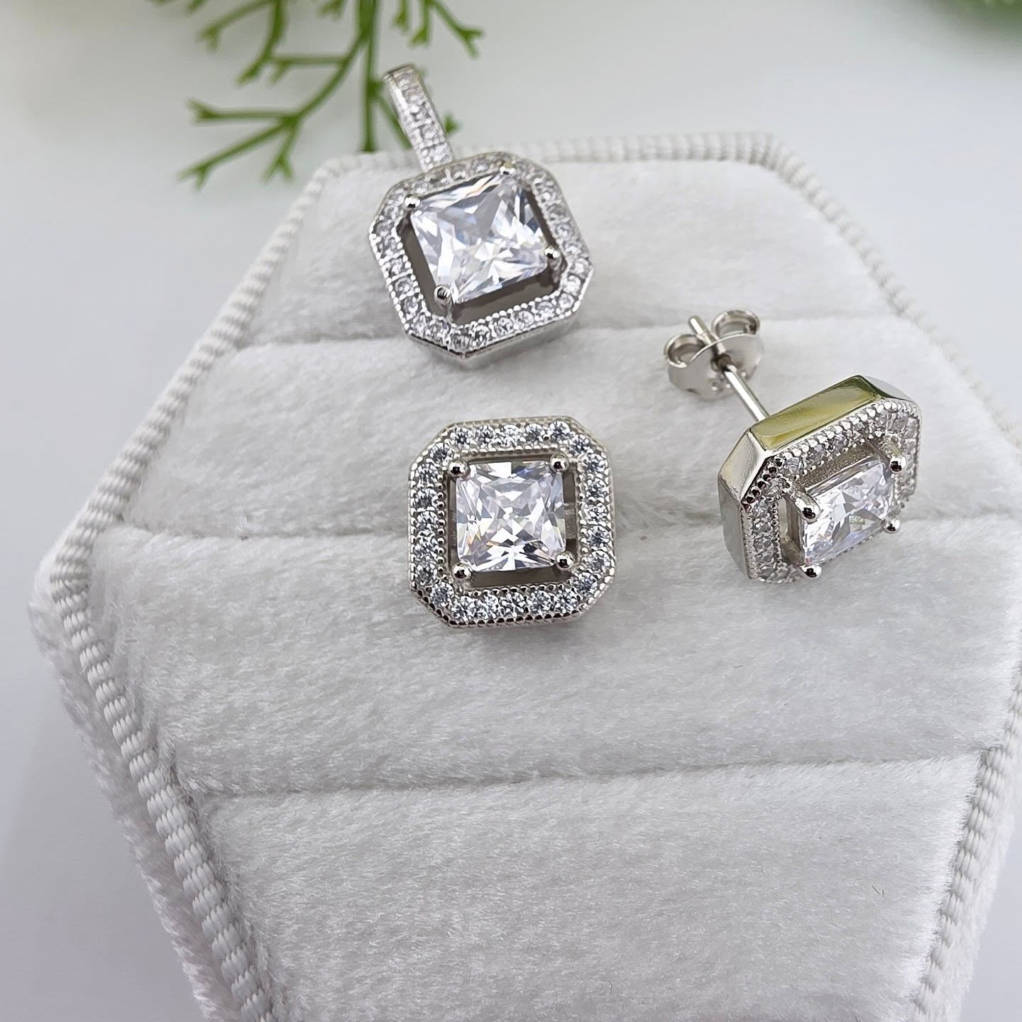 925 Sterling Silver Square Halo Stud Earrings & Pendant Set with 18" Chain