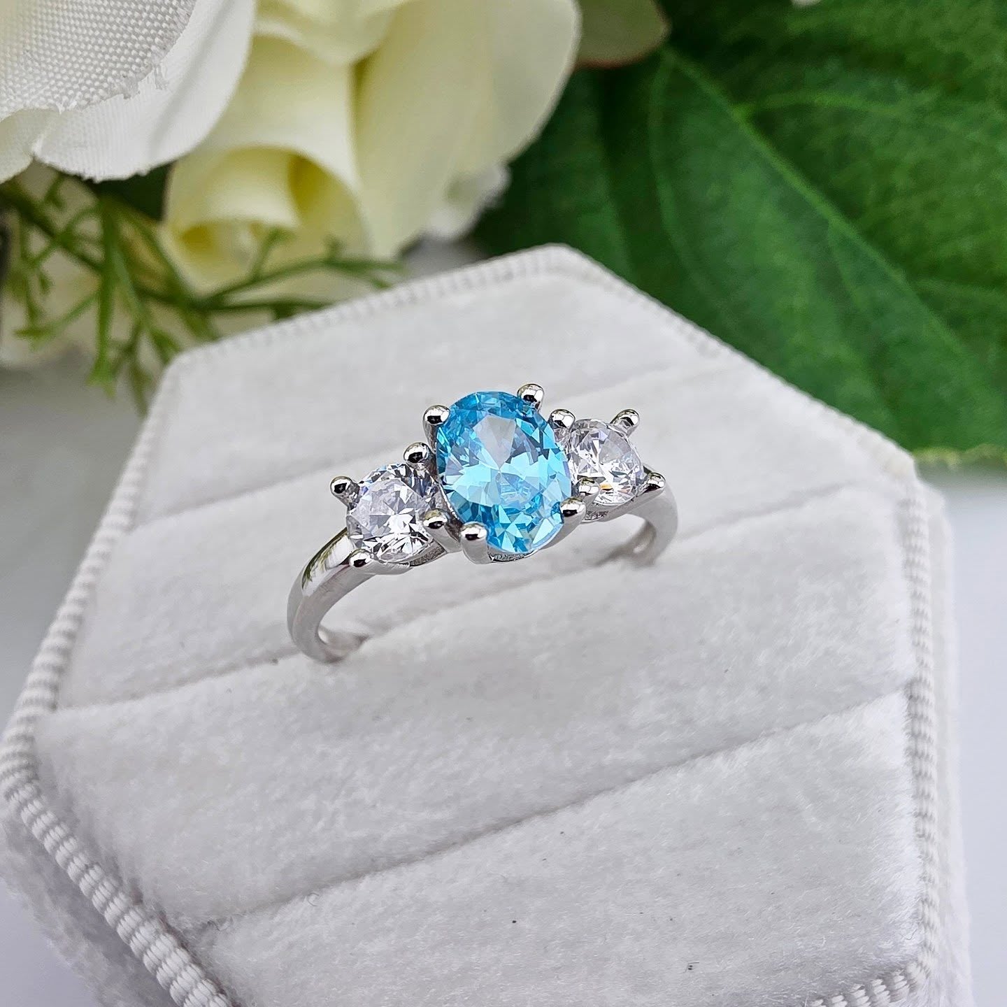 925 Sterling Silver Oval Aqua CZ Trilogy Ring