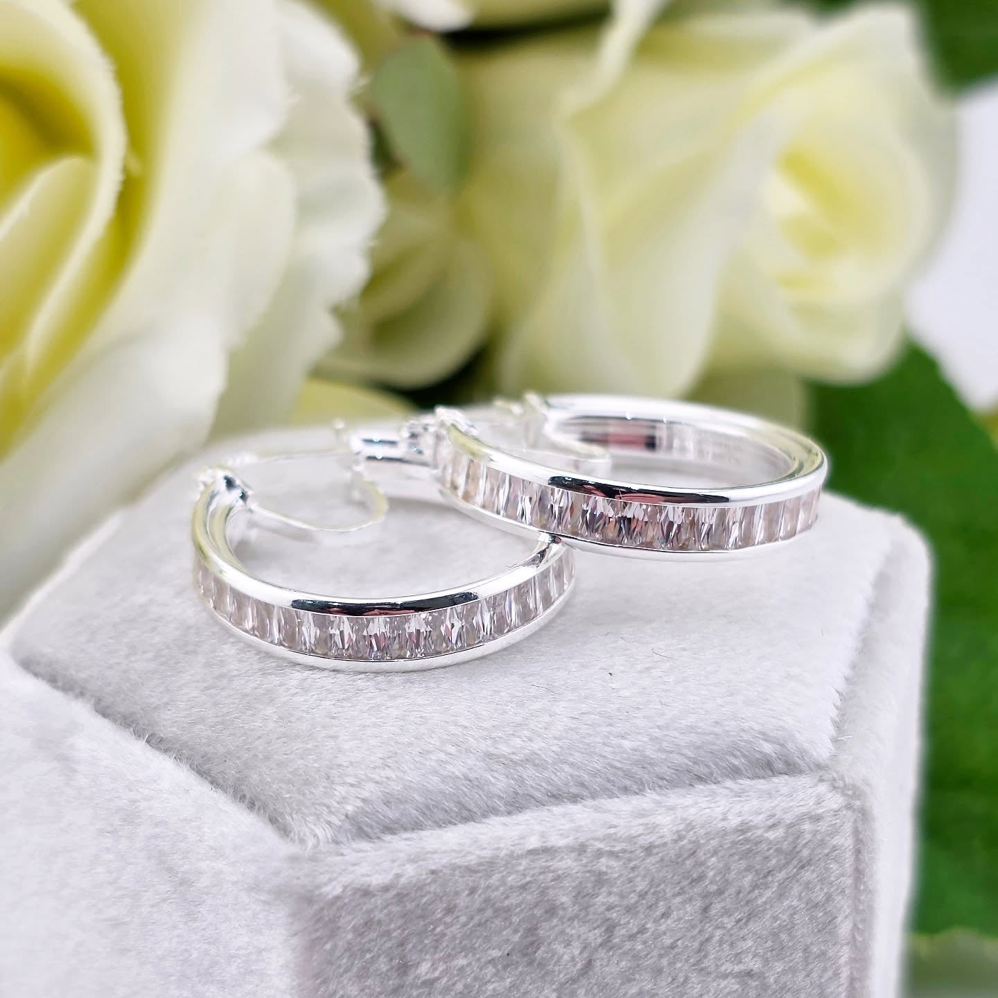 925 Sterling Silver 22mm Channel Set Baguette Stone Hoop Earrings
