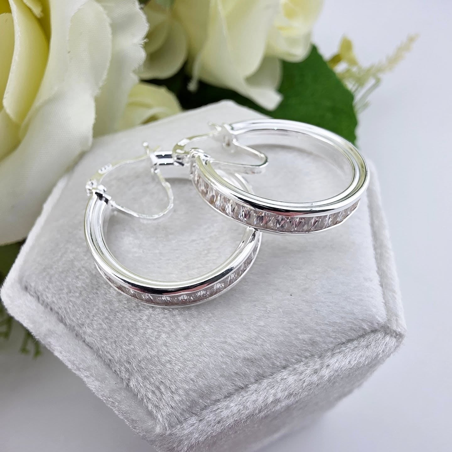 925 Sterling Silver 22mm Channel Set Baguette Stone Hoop Earrings