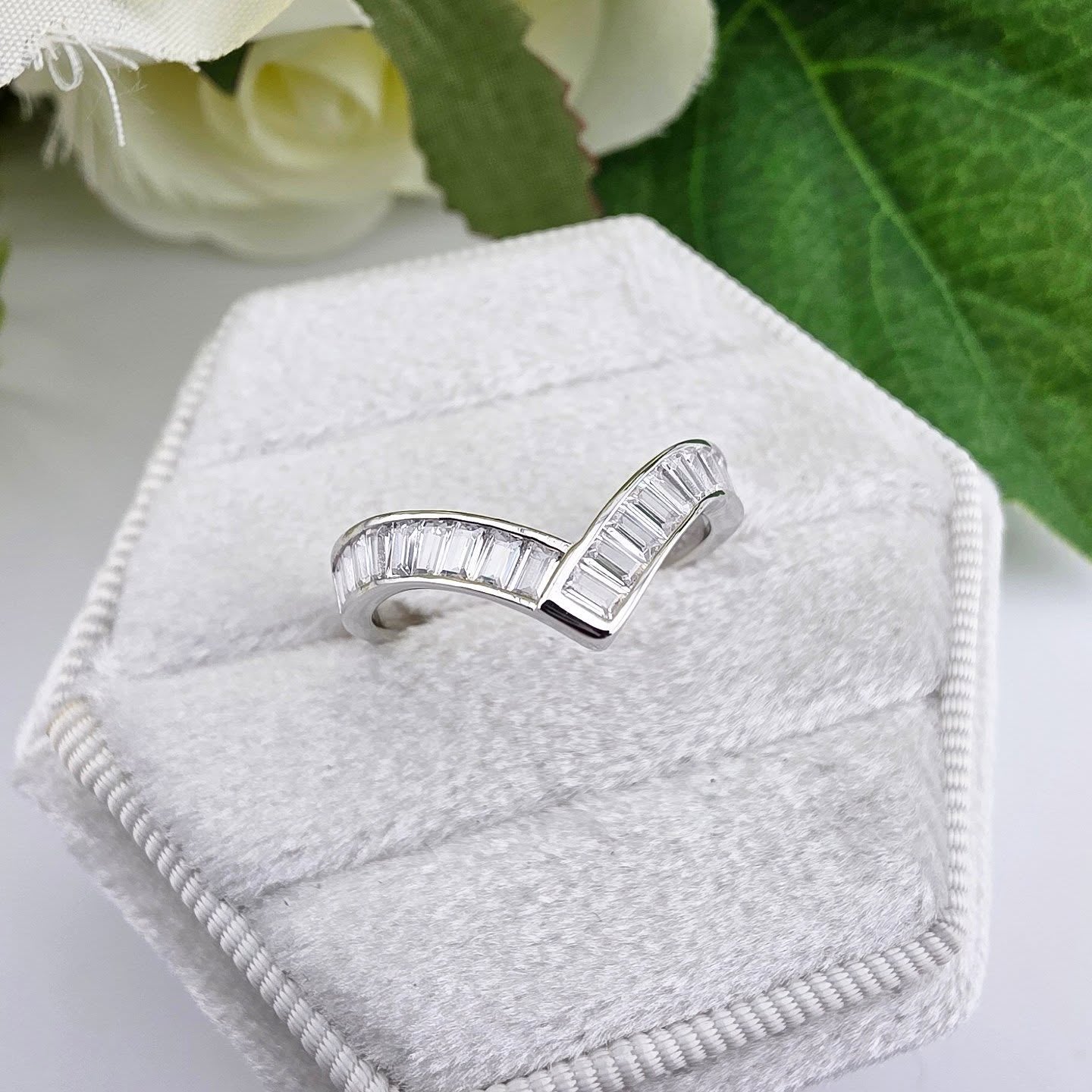 925 Sterling Silver Baguette Cut CZ Channel Set Wishbone Ring