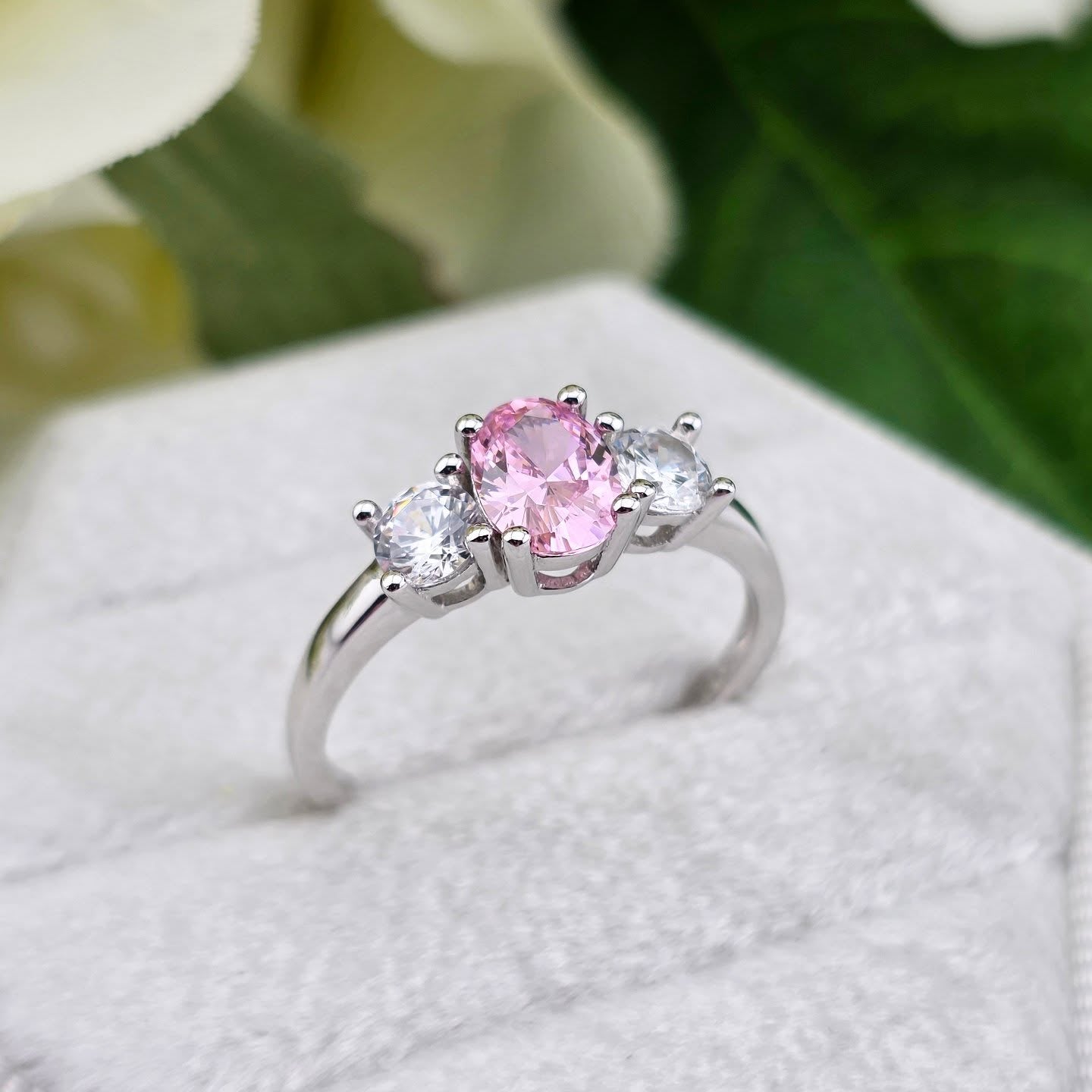 925 Sterling Silver Oval Pink CZ Trilogy Ring