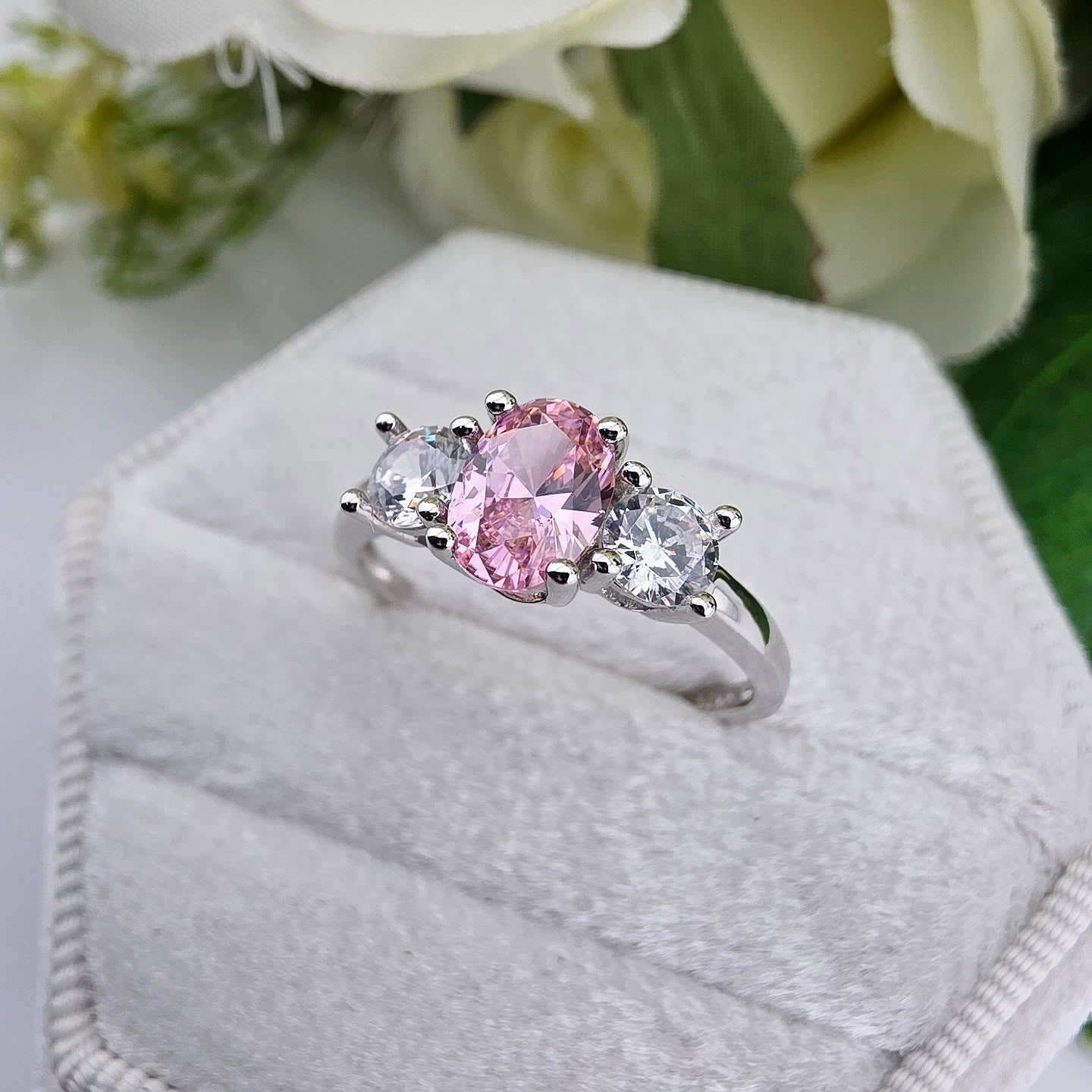 925 Sterling Silver Oval Pink CZ Trilogy Ring